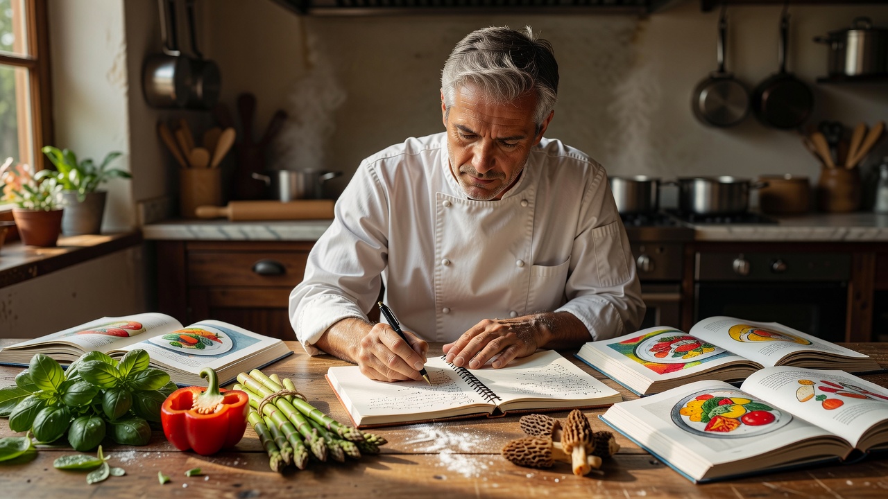 Chef planning a menu and writing notes