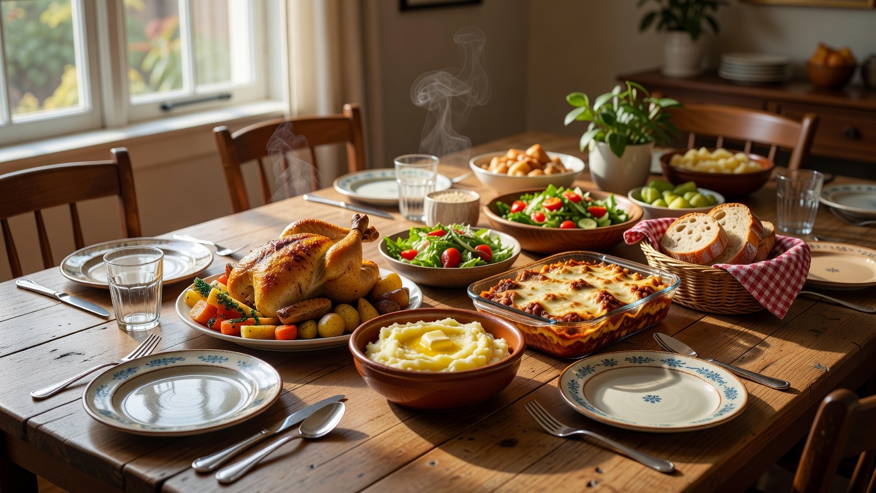 Family style meal laid out on a dining table