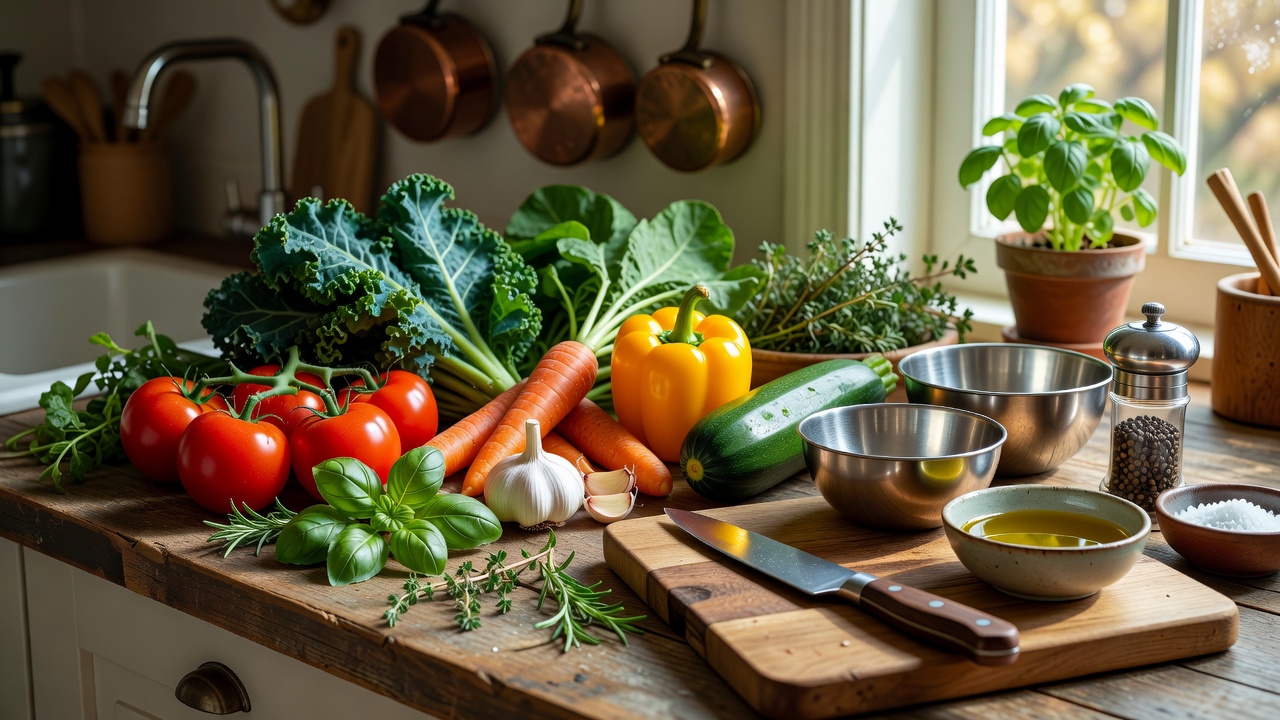 Fresh ingredients laid out in a home kitchen for meal preparation