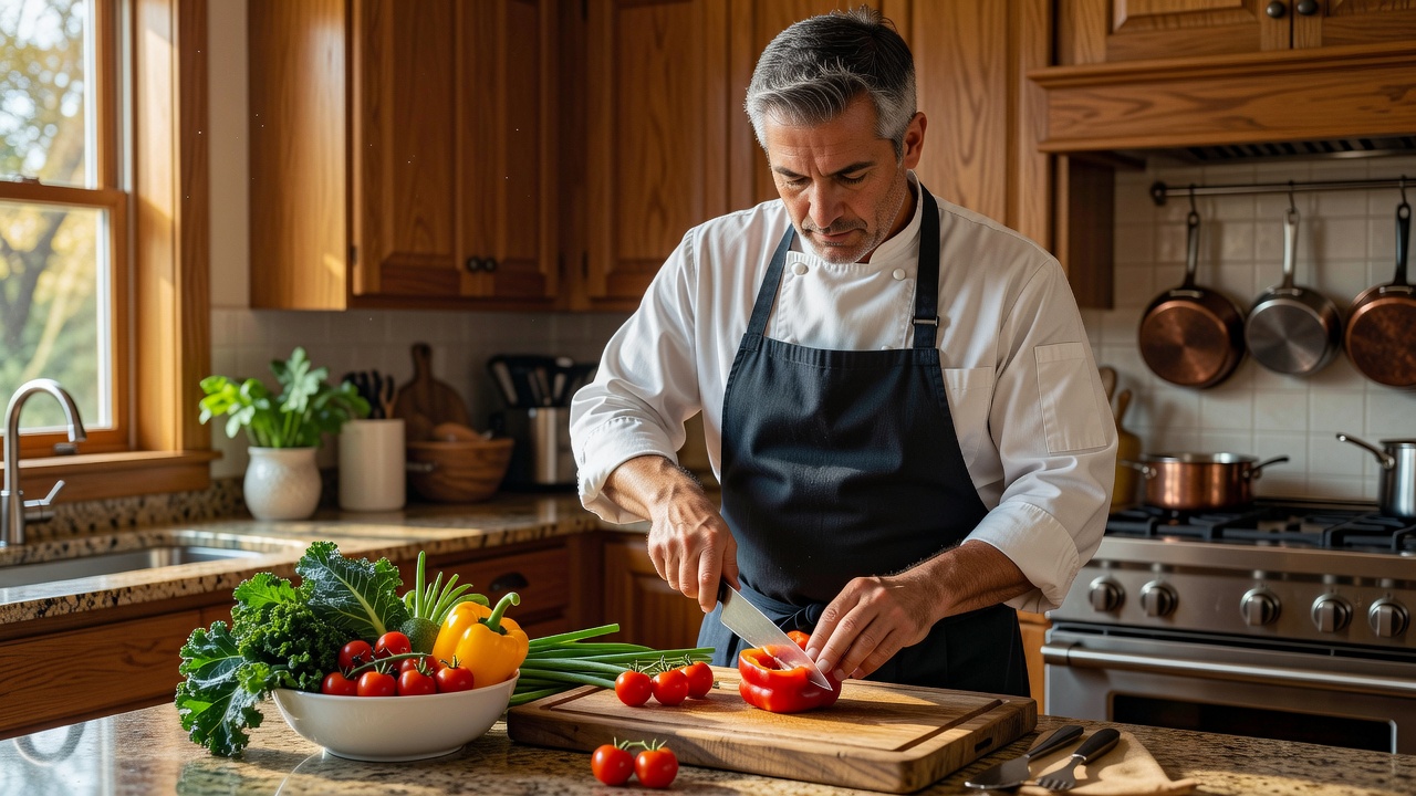 Professional chef preparing fresh ingredients in a residential kitchen